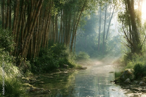 Misty Forest Stream: A serene stream meanders through a lush, sun-dappled forest, with mist rising gently from the water, creating an ethereal and tranquil atmosphere.
