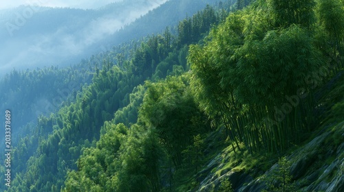 Misty Mountain Forest: Lush green trees blanket the slopes of misty mountains, creating a serene and tranquil natural landscape.
