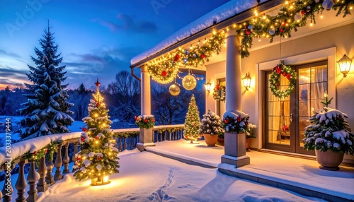 Snowy house porch decorated for Christmas.