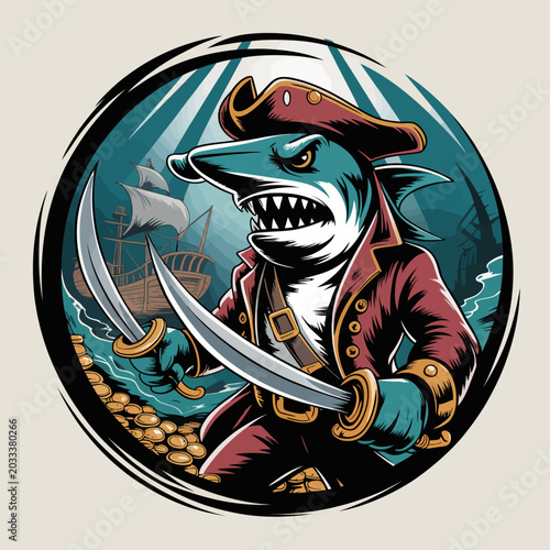 Billede på lærred Pirate shark in red coat.