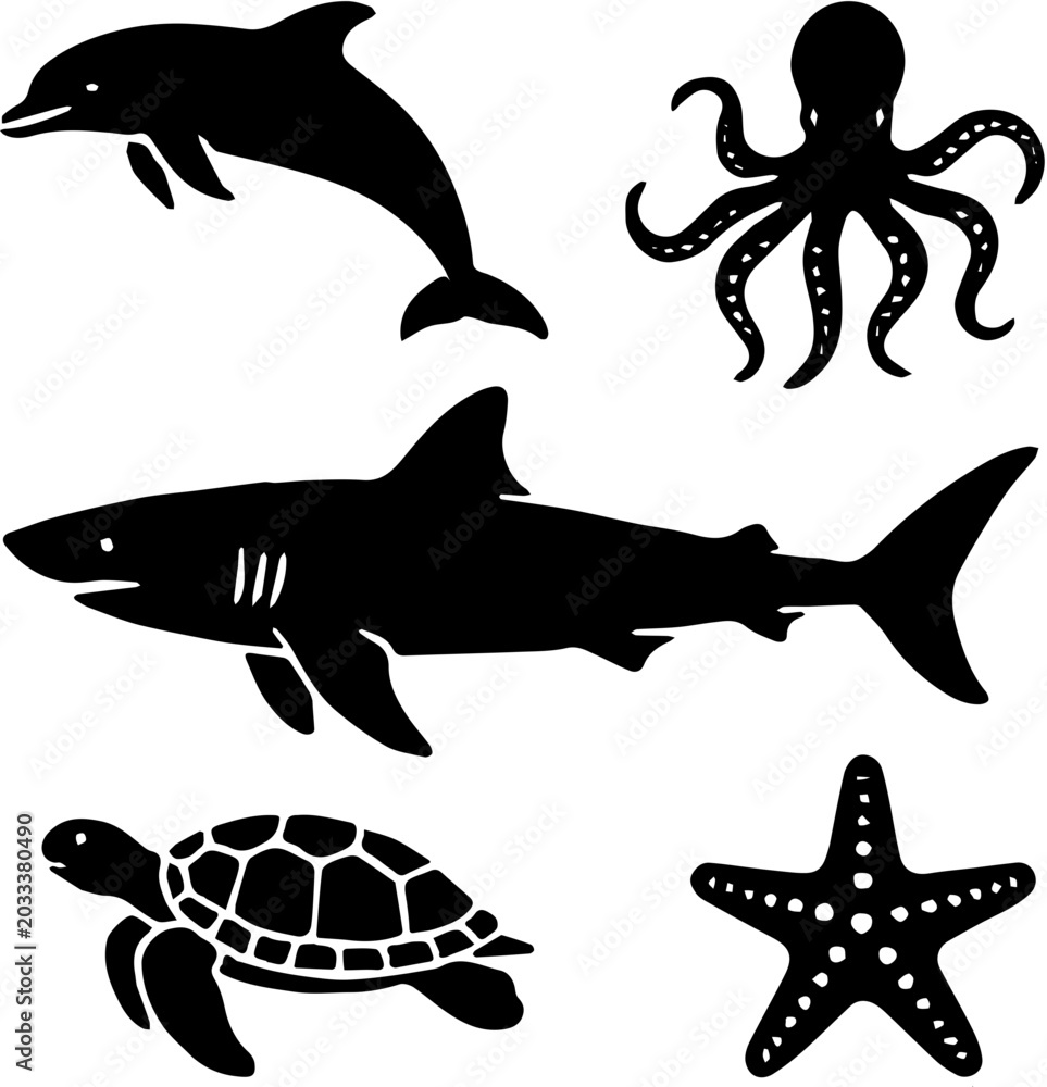 Fototapeta premium ocean creatures black silhouettes