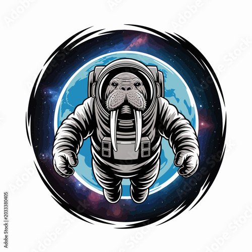 Quadro su tela Walrus in astronaut suit floating space.