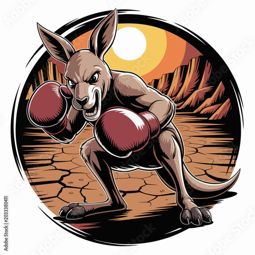 Fotografie Kangaroo wearing boxing gloves fighting stance.