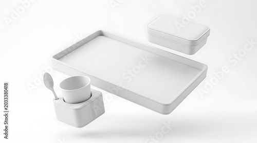 Blank white food tray set mockup with container cup and spoon for branding presentation template