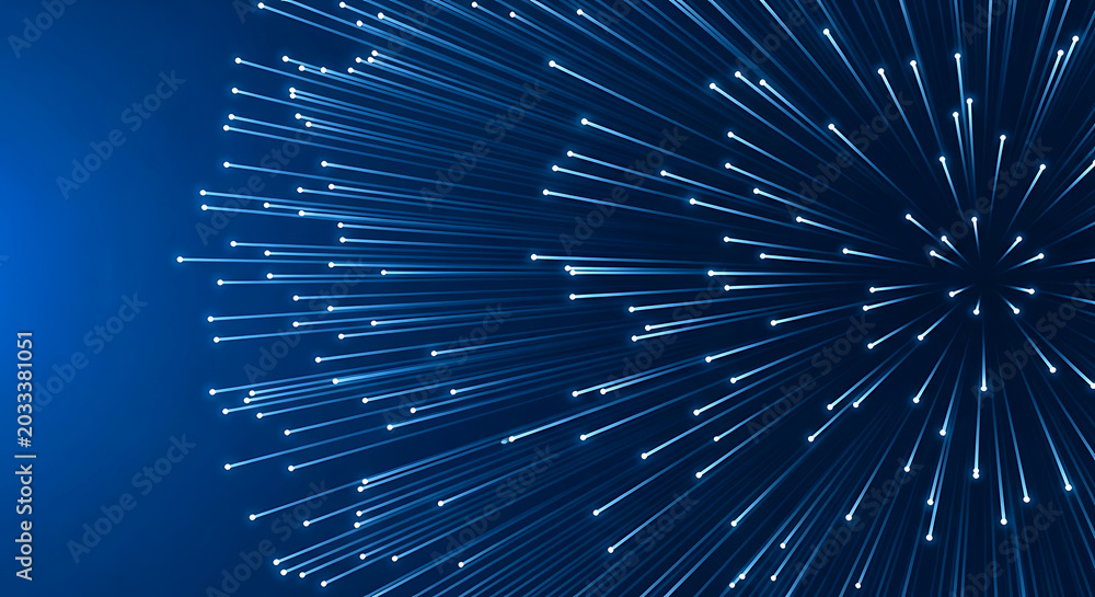 Obraz premium Abstract digital background featuring radiant blue light streaks exploding outward from a central point to create a dynamic futuristic particle motion effect