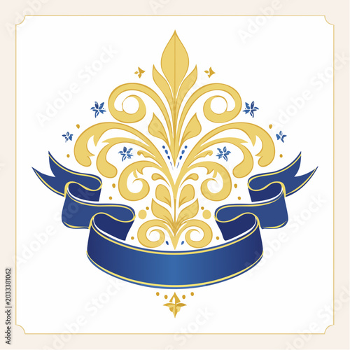 Ornate Golden Flourish with Blue Ribbon Banner