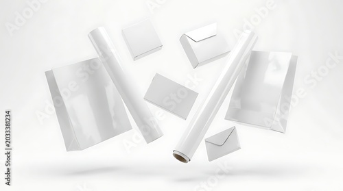 Floating white paper stationery mockup set including gift wrapping rolls and shopping bags for retail branding presentation
