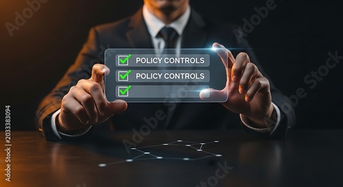 Businessman interacting with digital policy controls checklist interface on transparent screen representing corporate compliance and regulation.