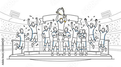 A line art illustration of a victorious soccer team celebrating with a trophy on a podium.