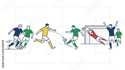 A sequence of football players showing action moves from dribbling to scoring a goal.