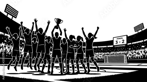 Foto A team of female soccer players celebrating their championship victory with a trophy