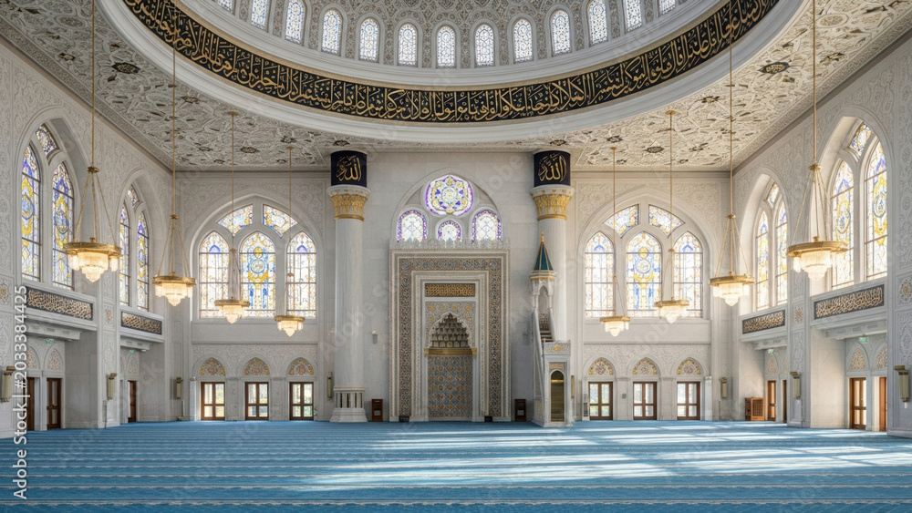 Fototapeta premium Photo-realistic Grand Mosque Interior with Ornate Islamic Religious Architecture and Blue Prayer Carpet