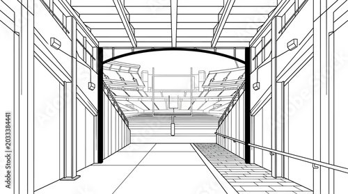 Architectural perspective sketch of an indoor stadium tunnel.