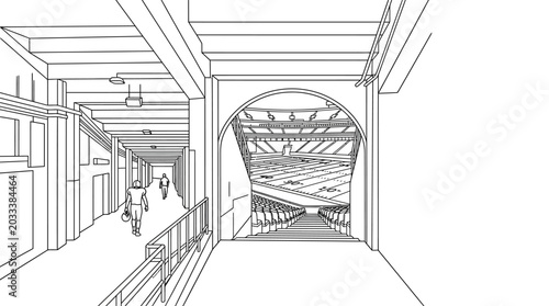 Architectural sketch of a stadium tunnel entrance.