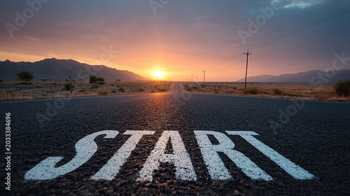 Asphalt Road With Start Marking Under Sunset Sky