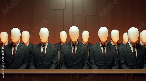 Group of People With Blank Faces in Courtroom Setting