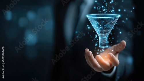 Businessman Presents Funnel Hologram for Data Filtering