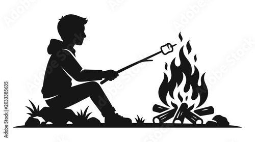 Obraz na plátně Marshmallow roasting silhouette vector, marshmallow on stick over campfire, isol