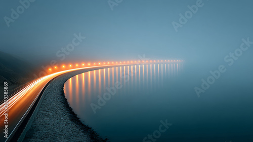 Serene night highway over water with glowing lights and misty horizon