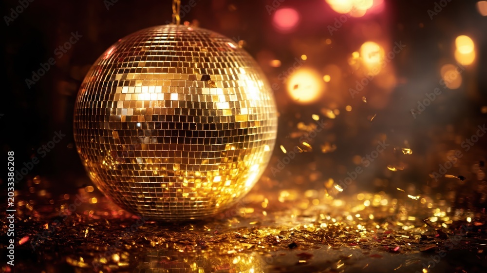 Obraz premium Golden Disco Ball Creates Light at Nightclub Party