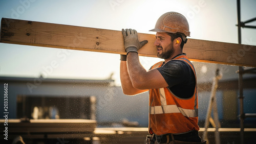Photo-realistic image: Strong Male Construction Worker Carrying Heavy Wooden Beam on Building Site