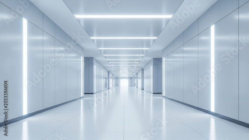 Bright Modern Empty Hallway. Futuristic Technology  Corporate Building Interior Architecture 3D Render.