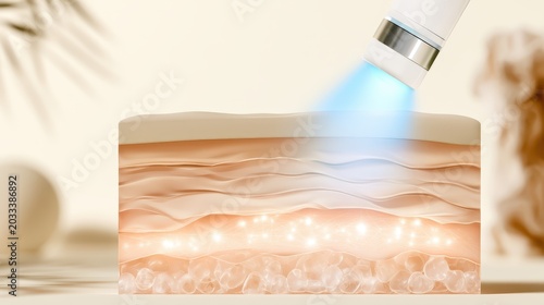 A dermatologist uses a laser device on a skin layer model for a cosmetic procedure