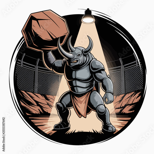 Foto Muscular rhino in armor holding boulder.
