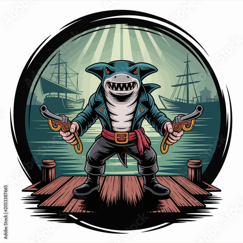 Tableau sur toile Pirate shark character with guns.