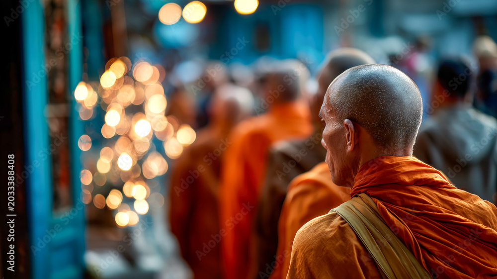 Fototapeta premium Monks walking through illuminated street