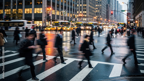 Dynamic photo-realistic shot of business people commuting across a wet city street crosswalk in an urban environment at dusk.