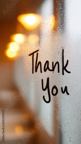 Thank you message on foggy mirror with cozy atmosphere and warm lighting for inspirational design