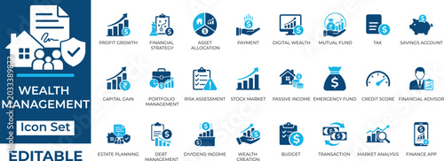 Wealth management, finance, and investment editable vector icon set. Perfect for banking, business, and strategy designs.