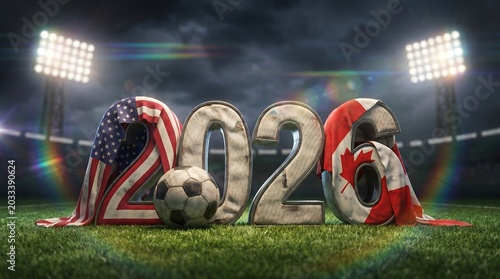 2026 world cup year with soccer ball and stadium crowd