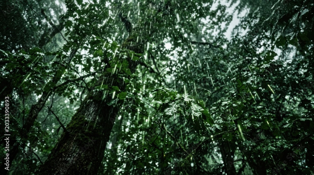 Fototapeta premium Lush Canopy - A Glimpse Upward Through Dense Forest Foliage.