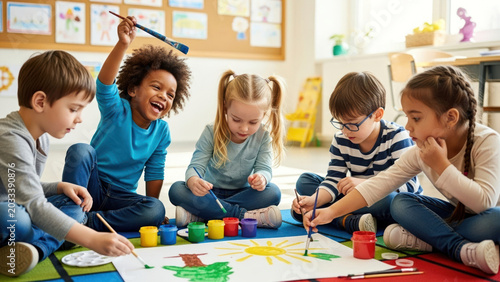Happy Diverse Kids Painting Art in a Lively Preschool Classroom, Promoting Creativity and Early Childhood Education