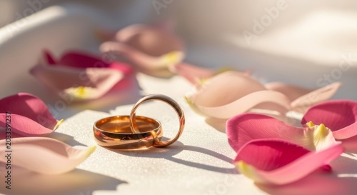 Two polished gold wedding bands rest gently on soft white silk, surrounded by delicate pink rose petals under soft, warm morning light, background, wedding, purity.