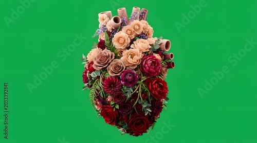A beautifully crafted artistic heart shape composed entirely of vibrant, blooming flowers and lush greenery, symbolizing love, passion, and the intricate beauty of nature