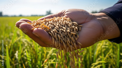 Abundant Golden Rice Grains in Hand, Falling in Sunny Paddy Field - Agriculture Harvest Photo-realistic.