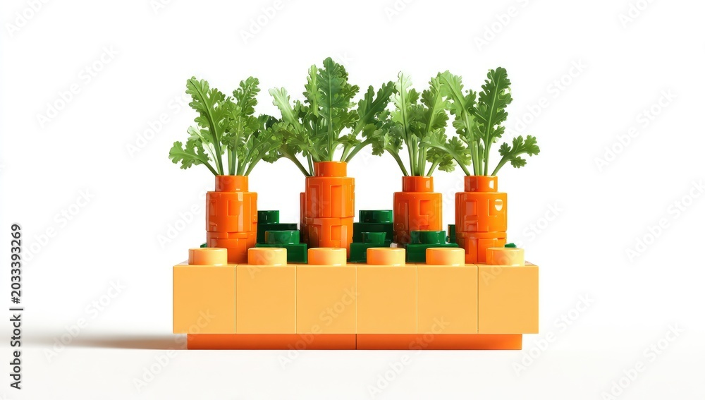 Naklejka premium Carrot plants in a colourful LEGO-style planter