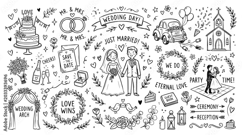 Obraz premium Wedding doodle set hand drawn elements