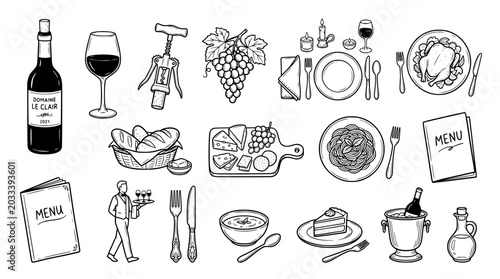 Set of hand drawn restaurant and dining icons