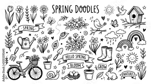 Spring doodles set with flowers, garden tools, animals and nature elements