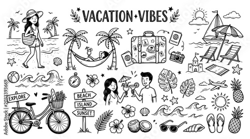 Vacation vibes hand drawn doodle set