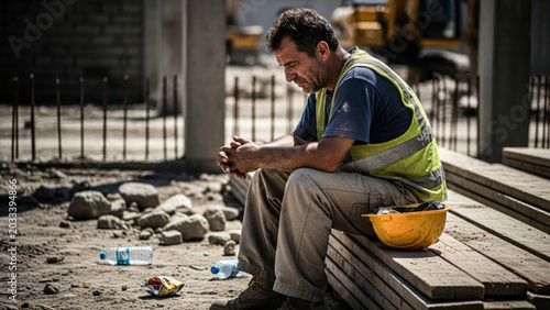 Tired construction worker resting on lumber at sunny construction site