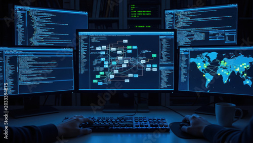 Cybersecurity hacker monitors network data on multiple computer screens
