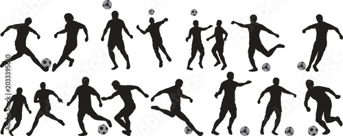 Tableau sur toile Soccer Player Silhouettes: A collection of dynamic black silhouettes of soccer players in various action poses, captured mid-game, showcasing the athleticism and excitement of the sport