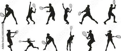 Tablou pe pânză Collection of Tennis Player Silhouettes: Dynamic silhouettes capture the diverse actions and movements of tennis players in various poses, showcasing the sport's athleticism and grace