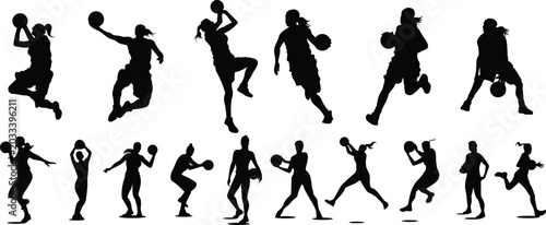 Photos Basketball Player Silhouettes: A dynamic collection of black silhouettes captures the athleticism and agility of women playing basketball, showcasing various poses from jumping shots to dribbling