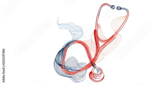 Abstract artistic rendition of a stethoscope with blended red and blue smoke effect